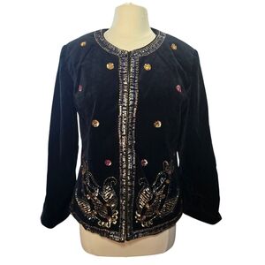 Diane Gilman Womens Medium Velvet Jacket Peacock Embroidered Beaded Black